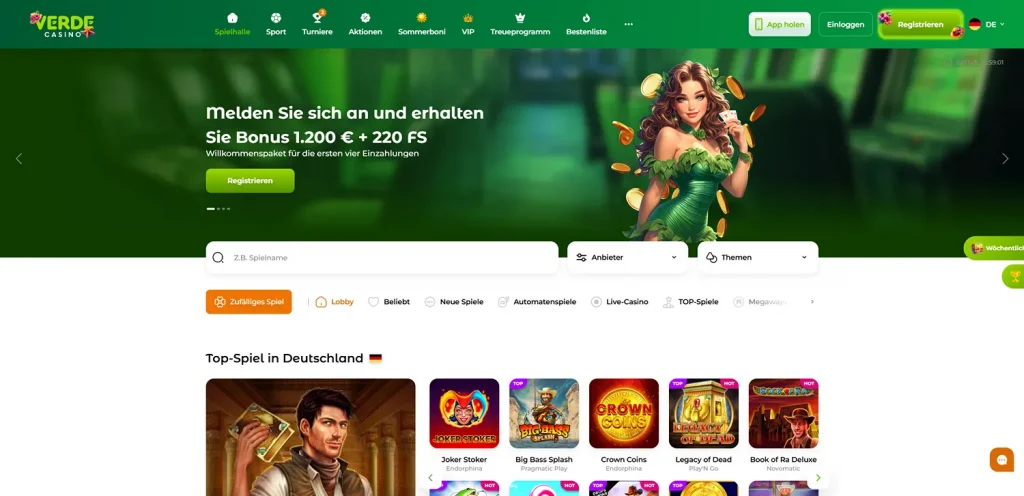 Homepage der Verde Casino Website
